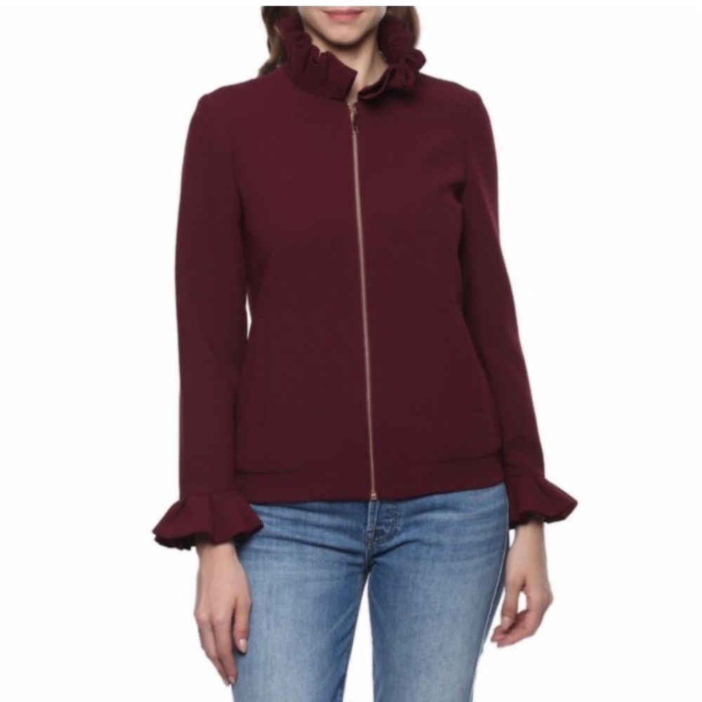 Ted Baker Lydiah crepe ruffle burgundy/wine rose-gold zip jacket women's size 0